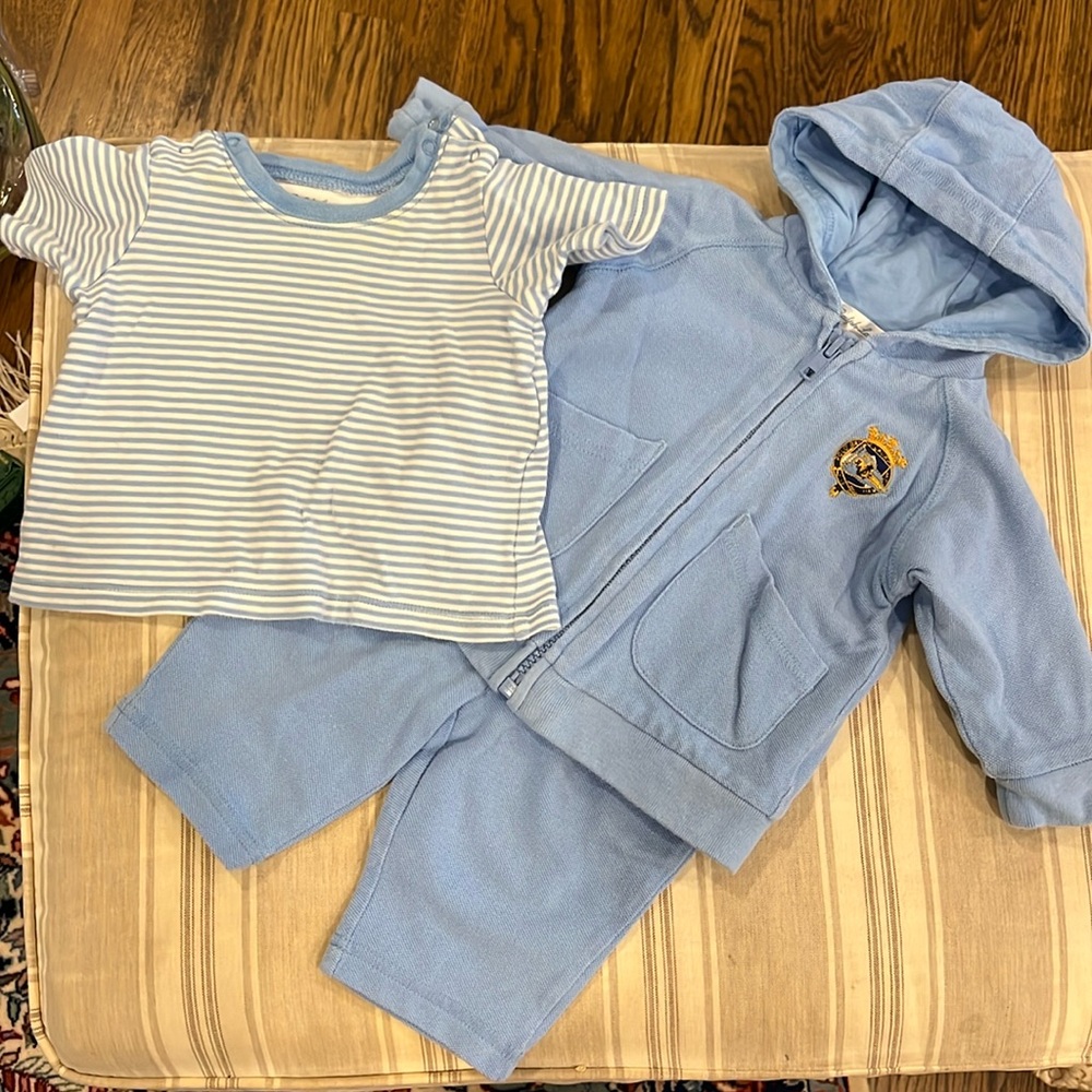 Great condition, Ralph Lauren size 6 month, baby blue zip hoodie,pants and shirt